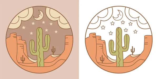 ベクトル砂漠アリゾナ州は サボテンや月の星のイラストで象徴します ベクトルの夜アメリカの風景はミニマリストスタイルを非難 — ストックベクタ