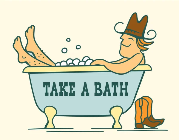 牛仔洗澡 矢量彩色牛仔沐浴在浴缸矢量手绘插图为设计 可爱的牛仔 — 图库矢量图片