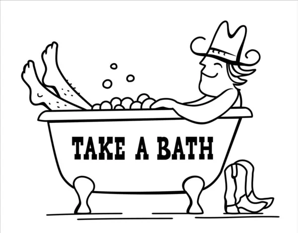 Baño Vaqueros Vector Vaquero Bañándose Bañera Vector Dibujado Mano Ilustración — Archivo Imágenes Vectoriales