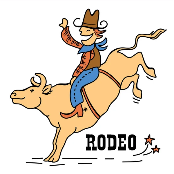 Ilustración Vectorial Dibujos Animados Bull Rider Aislado Blanco Vector Divertido — Vector de stock