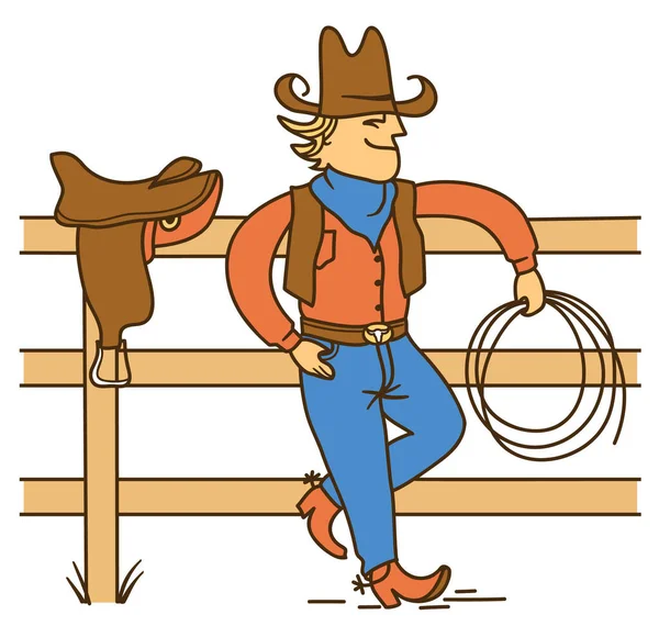 Kovboj Stojí Plotě Vektorové Barevné Farmářské Rodeo Ilustrace Koňským Sedlem — Stockový vektor