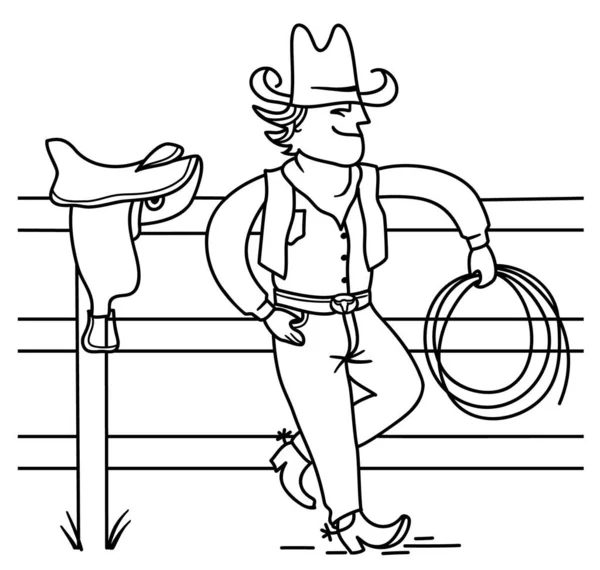 Kovboj Stojí Plotě Vektorová Farma Rodeo Ručně Kreslené Ilustrace Koňským — Stockový vektor