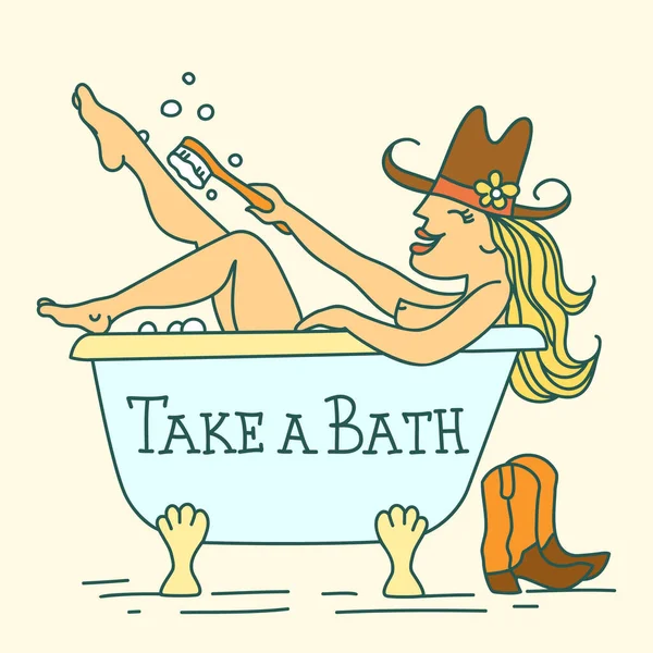 Cowgirl Taking Bath Vector Colored Illustration Isolated White Young Woman — Stock Vector