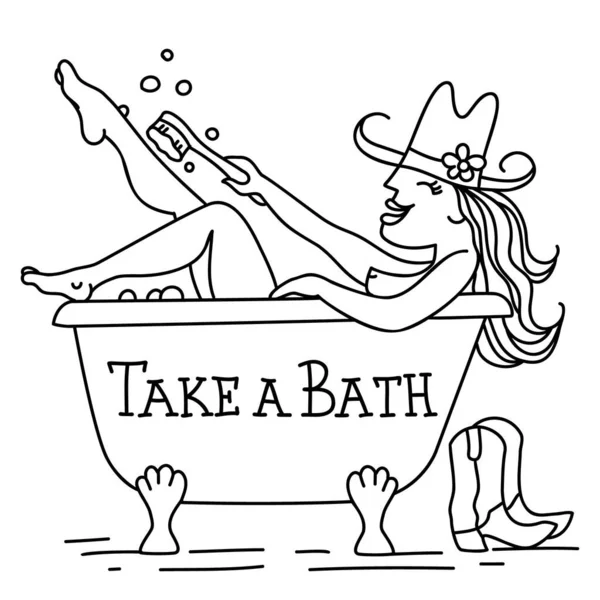 Cowgirl Taking Bath Vector Illustration Isolated White Young Woman Cowboy — Stock Vector