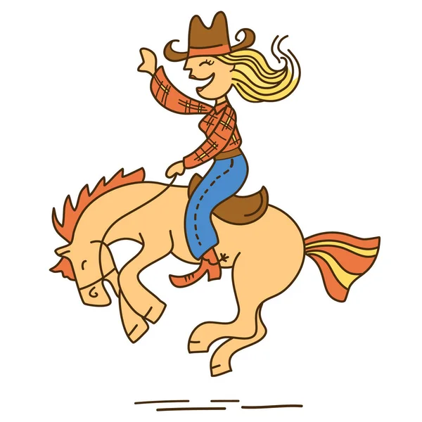 Cowgirl Cavalo Cavaleiro Cartoon Colorido Vetor Ilustração Isolado Branco Vetor — Vetor de Stock