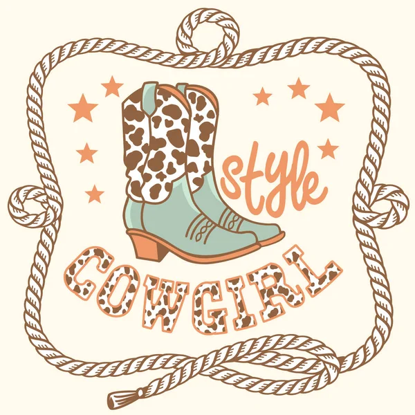 Cowgirl Stijl Vector Illustratie Met Cowboy Laarzen Touw Frame Vector — Stockvector