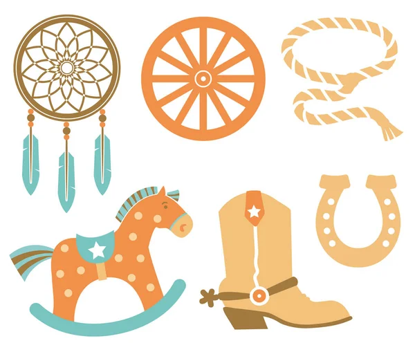 Set Cowboy Objects Vector Cowboy Illustration Design Isolated White — Stock Vector