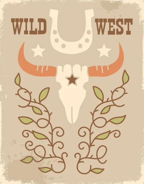 Wild West Vintage Poster Mit Kuhbulle Und Hufeisendekoration Vector Cowboy — Stockvektor