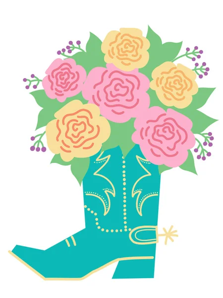 Μπότα Καουμπόη Διακόσμηση Λουλουδιών Διάνυσμα Καουμπόικη Μπότα Και Τριαντάφυλλα Λουλούδια — Διανυσματικό Αρχείο