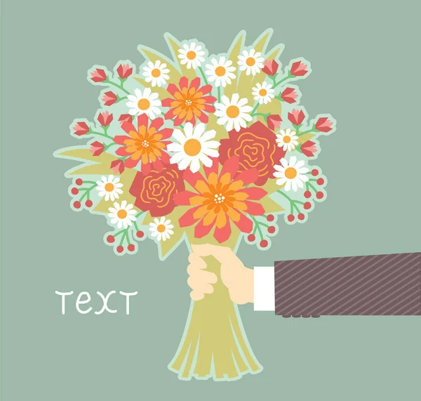 Vector Flowers Man Hand Man Holding Bouquet Flowers Card Background — Stock Vector