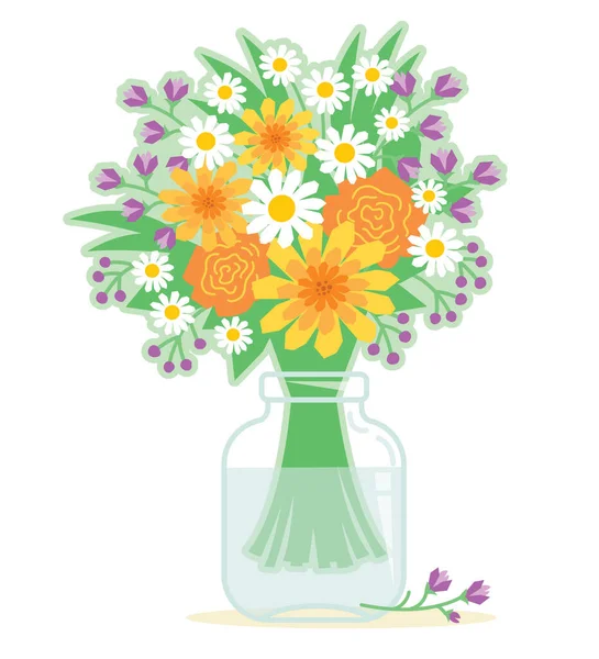 銀行の孤立した花の花束 デザインのためのガラス花瓶イラストのベクトル美しい野花 — ストックベクタ