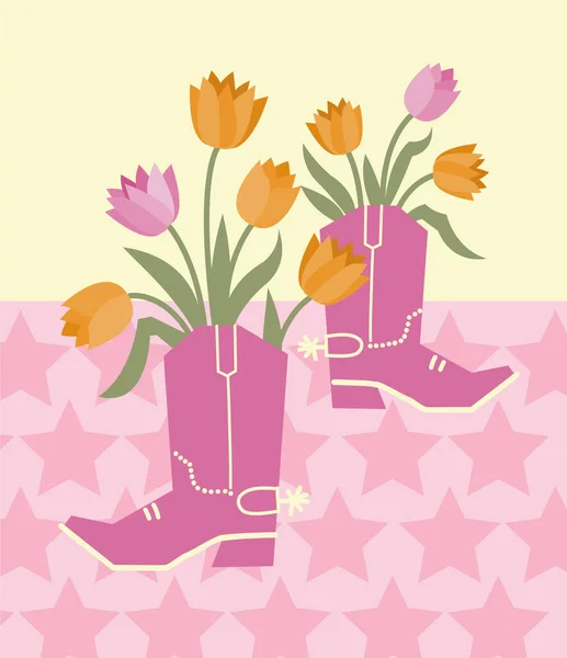 Καουμπόικες Μπότες Διακόσμηση Λουλουδιών Vector Καουμπόικες Μπότες Όμορφο Κίτρινο Ροζ — Διανυσματικό Αρχείο