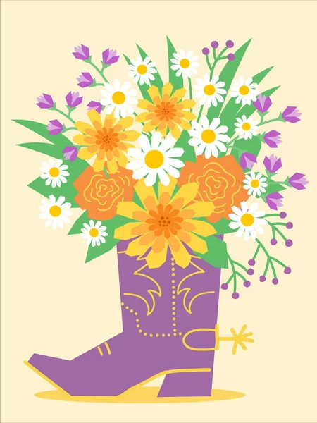 カウボーイは花の装飾で起動します ベクターカウボーイブーツと野生のフィールドの花 デザインのための国の装飾 ストックイラスト
