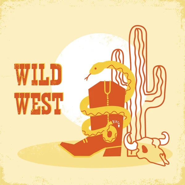 Schlange Und Cowboystiefel Auf Plakathintergrund Der Amerikanischen Wüste Vektor Cartoon — Stockvektor