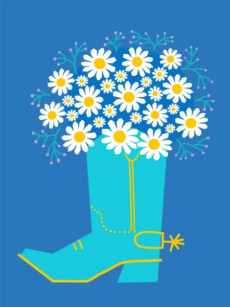 Kowbojskie Buty Kwiaty Wektor Kowbojski Świeży Bukiet Rumianku Niebieskim Tle — Wektor stockowy