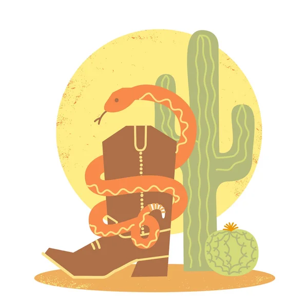 Кактусы Змей Ковбойских Сапог Фоне Американской Пустыни Векторная Иллюстрация Дикого — стоковый вектор