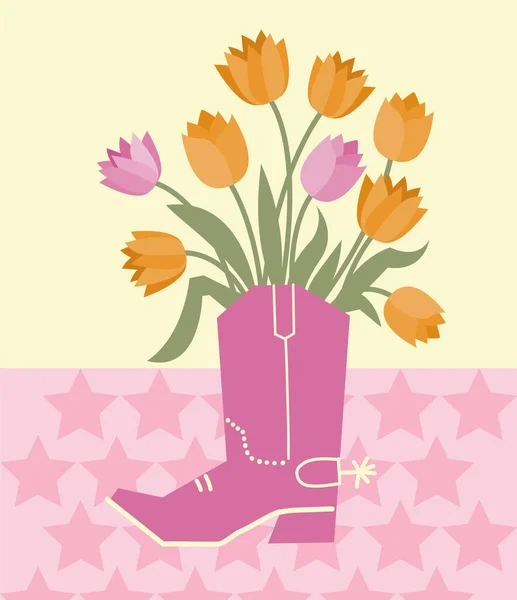Cowboy Csizma Virágdíszítéssel Vektor Cowboy Csizma Gyönyörű Sárga Rózsaszín Tulipán — Stock Vector
