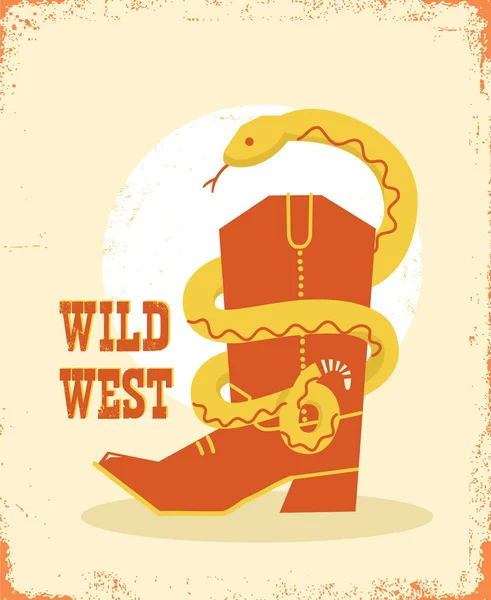 Cowboy Csizma Kígyó Régi Papíron Vektor Rajzfilm Vad Nyugati Illusztráció — Stock Vector