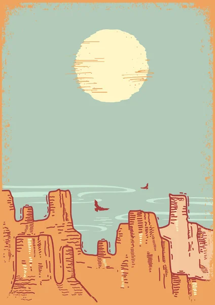 アメリカの砂漠の風景 テキストやデザインのためのヴィンテージ古いポスターのベクトル野生の西の峡谷の背景 太陽とキャニオンの空の水平線 ストックイラスト