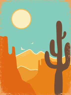 Amerikan Arizona Çölü eski kağıt dokusunda eski bir poster. Kaktüsleri, dağları ve güneşi olan vektör çöl manzarası..