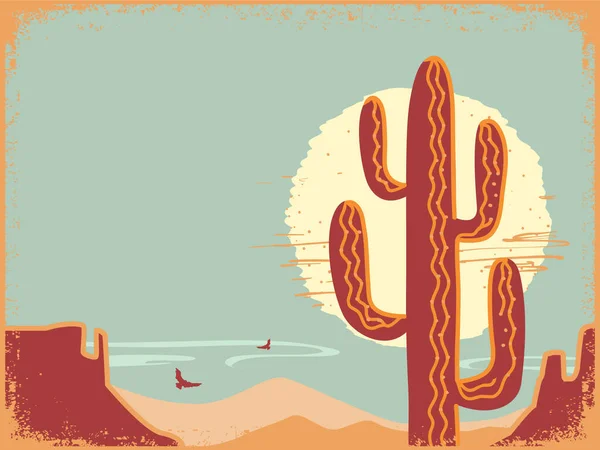 빈티지 포스터가 질감에 있습니다 사막의 풍경에 선인장 과노란 태양이 그려져 — 스톡 벡터
