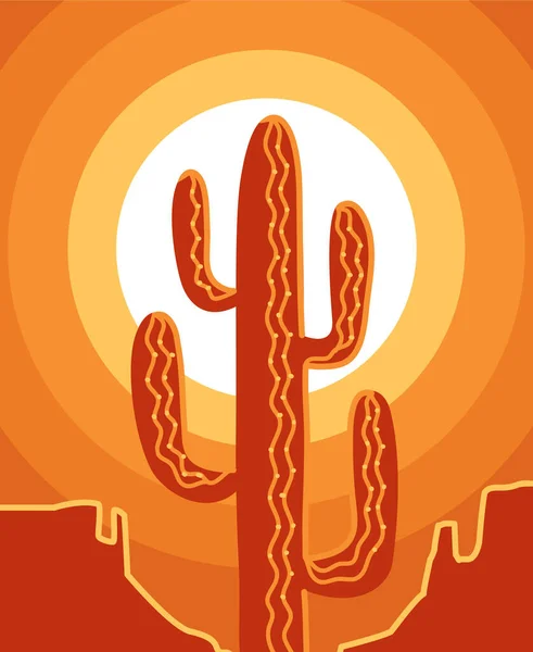 美国沙漠海报 用仙人掌和黄色的太阳描绘的热带沙漠景观 亚利桑那州沙漠山区设计 — 图库矢量图片