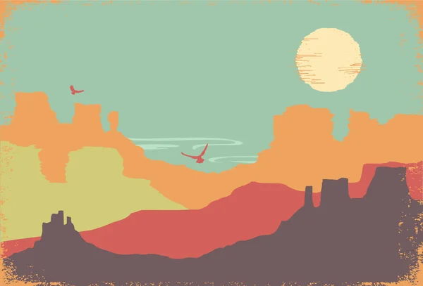 アリゾナ州の砂漠の地平線 古い紙のテクスチャ上の山と太陽とベクトルヴィンテージ砂漠の風景イラスト ロイヤリティフリーのストックイラスト