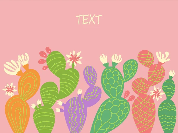 Kaktusz Kártya Rózsaszín Háttér Szöveg Vektor Aranyos Kaktuszok Virágokkal Szöveg Jogdíjmentes Stock Illusztrációk