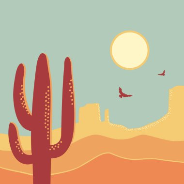 Amerikan çöl klasik poster arka planı. Kaktüs ve güneşli eski kağıt dokusunda vektör çöl manzarası çizimi. Arizona poster dağ tasarımı metin için
