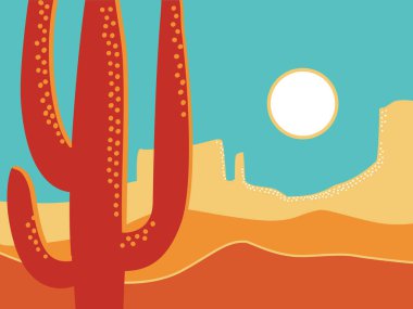 Amerikan çöl klasik poster arka planı. Kaktüs ve güneşli eski kağıt dokusunda vektör çöl manzarası çizimi. Arizona poster dağ tasarımı metin için