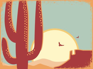 Amerikan çöl klasik poster arka planı. Kaktüs ve güneşli eski kağıt dokusunda vektör çöl manzarası çizimi. Arizona poster dağ tasarımı metin için