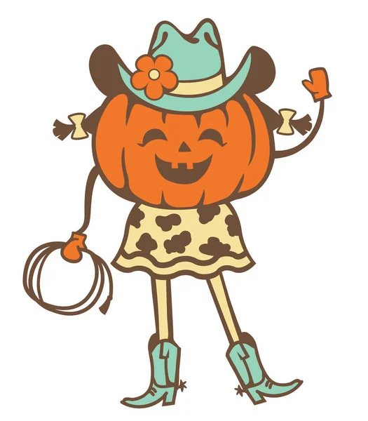 Abóbora Vetor Cowgirl Imprimível Ilustração Cores Halloween Menina Abóbora Vestindo — Vetor de Stock