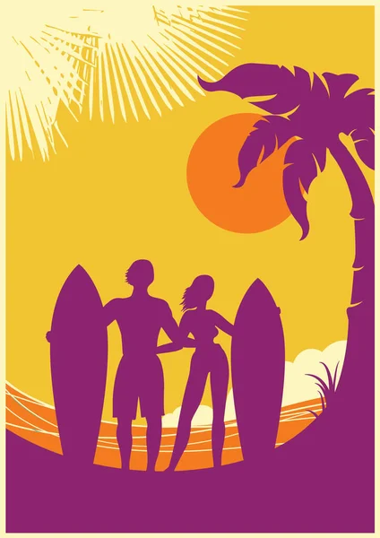 Ilustración Silueta Negra Surfistas Vectoriales Isla Playa Verano Con Surfistas — Vector de stock