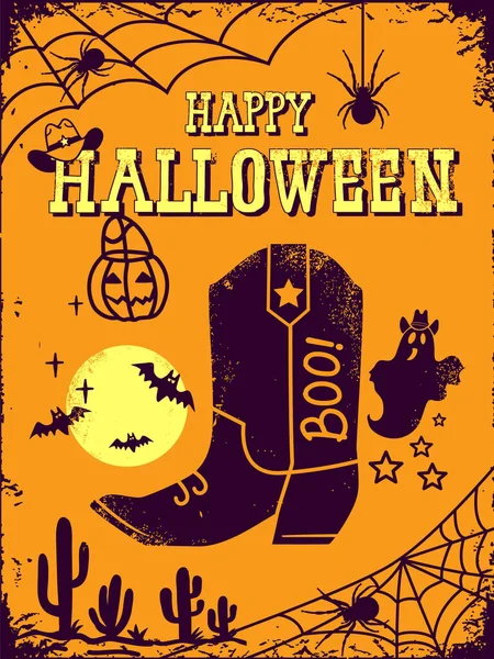 Vaquero Halloween Feliz Halloween Botas Vaquero Vector Tarjeta Fondo Con — Archivo Imágenes Vectoriales
