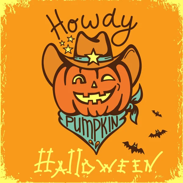 Halloween Cowboy Abóbora Com Chapéu Ocidental Bandanna Ilustração Cartão Vetor — Vetor de Stock