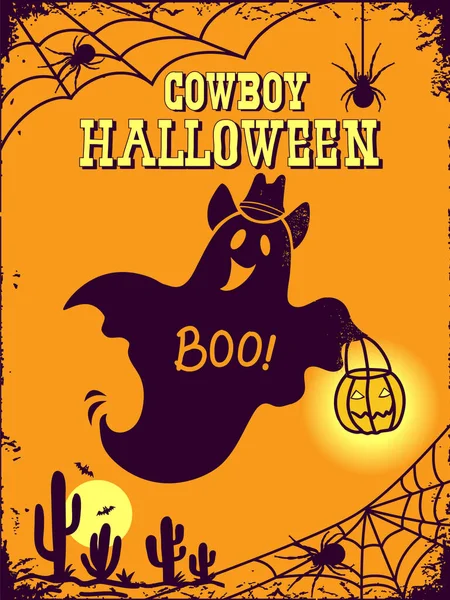 Dia Das Bruxas Cowboy Fantasma Halloween Feliz Com Chapéu Cowboy — Vetor de Stock