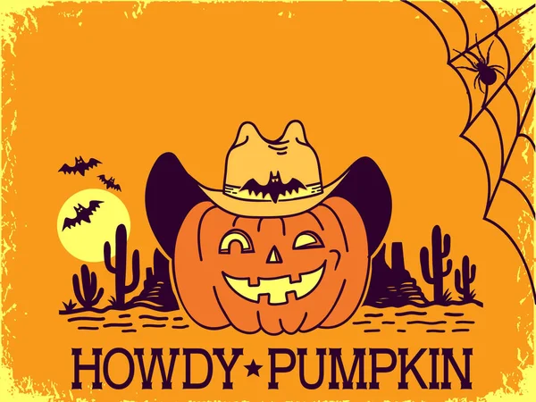 Halloween Cowboy Abóbora Com Chapéu Ocidental Bandanna Vetor Backgrund Com — Vetor de Stock
