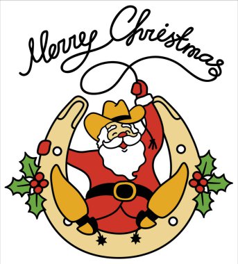 Santa cowboy christmas . Vector Santa with cowboy boots and western hat sit on horseshoe decorated holly berry and hold lasso christmas text. clipart