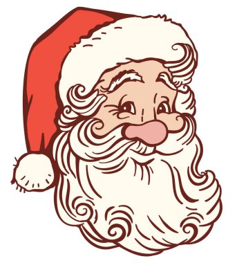 Santa Claus face Christmas vector illustration isolated on white for design. Smiling Santa head with red hat on white background. clipart