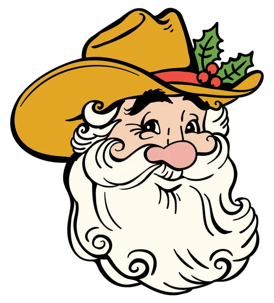 在白色上孤立的圣牛仔矢量图 圣诞笑脸圣诞老人头戴牛仔帽和冬青莓装饰印刷或设计可打印设计 西部圣诞 — 图库矢量图片#