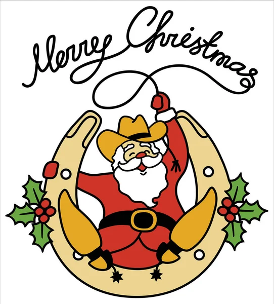 圣诞老人牛仔圣诞节 头戴牛仔靴 头戴西方帽子的圣诞老人坐在饰有冬青莓的马蹄铁上 手里拿着拉索的圣诞礼物 — 图库矢量图片#