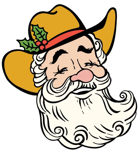 在白色上孤立的圣牛仔矢量图 圣诞笑脸圣诞老人头戴牛仔帽和冬青莓装饰印刷或设计可打印设计 西部圣诞 — 图库矢量图片#