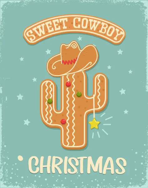 Cowboy Zoete Kerst Peperkoekje Vintage Kaart Achtergrond Met Cactus Cowboy — Stockvector