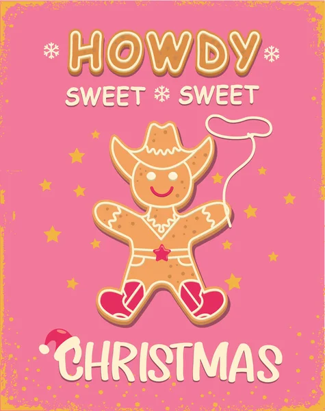 Cowboy Christmas Gingerbread Man Cookie Vintage Card Illustration Christmas Text — Stock Vector
