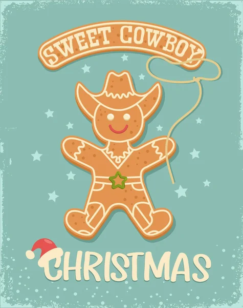 Kovboj Vánoční Perník Muž Cookie Vinobraní Karta Ilustrace Vánočním Textem — Stockový vektor