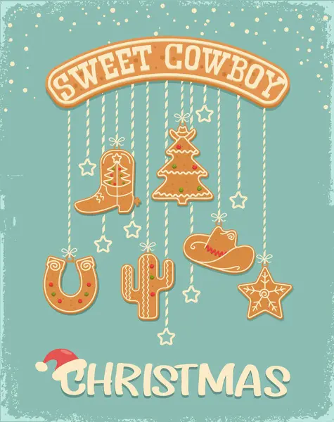Cowboy Vintage Kerstkaart Met Opknoping Kerst Peperkoek Koekjes Westerse Stijl — Stockvector