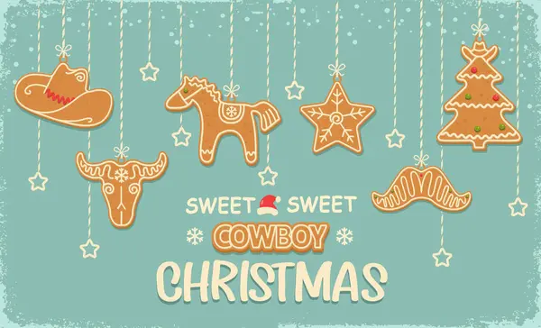Cowboy Christmas Card Background Hanging Christmas Gingerbread Cookies Western Style — Stock Vector