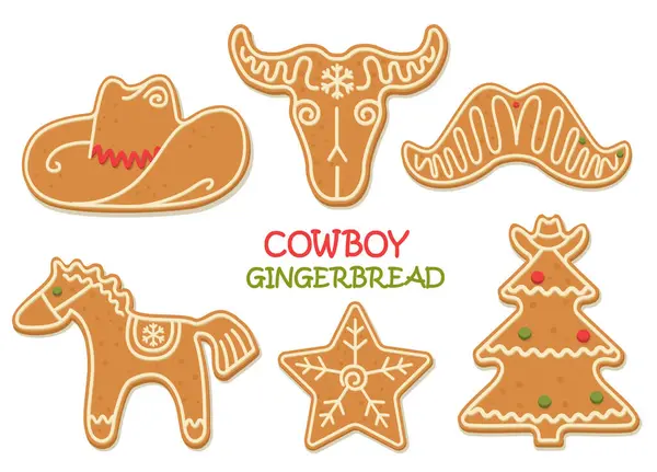Western Christmas Gingerbread Cookies Vector Clipart Illustration Isolated White Cowboy — Stock Vector