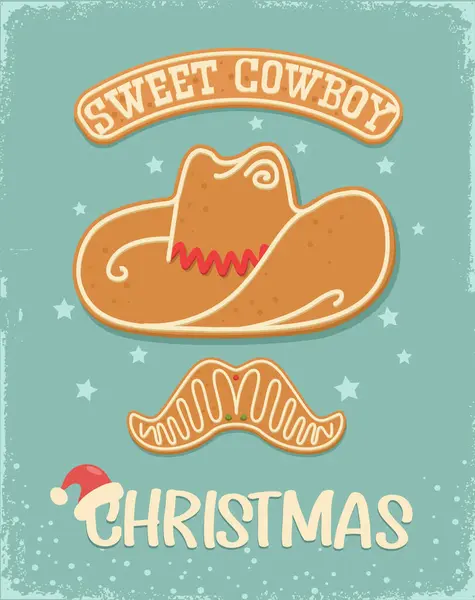 牛仔甜蜜的圣诞姜饼饼干复古卡片背景与圣诞文字的旧纸质感 圣诞姜饼牛仔帽西式圣诞烘焙饼干假日雪的背景 — 图库矢量图片#