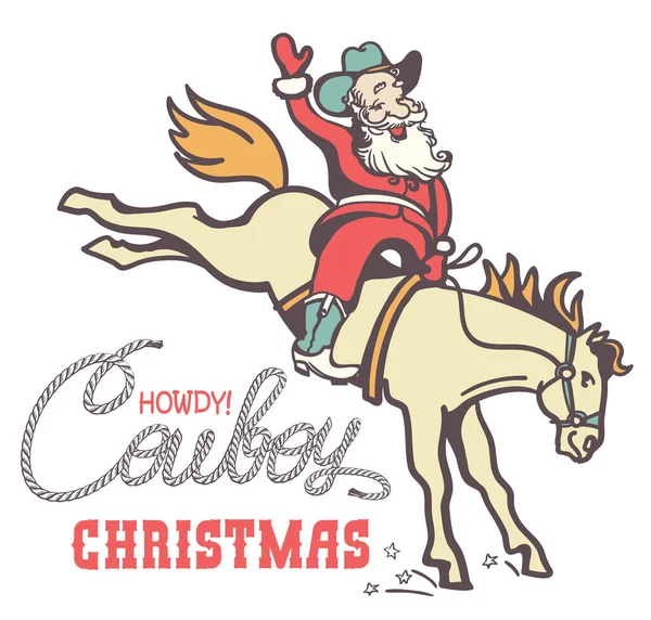 Western Christmas Santa Cowboy Boots Hat Riding Horse Vector Hand — Stock Vector